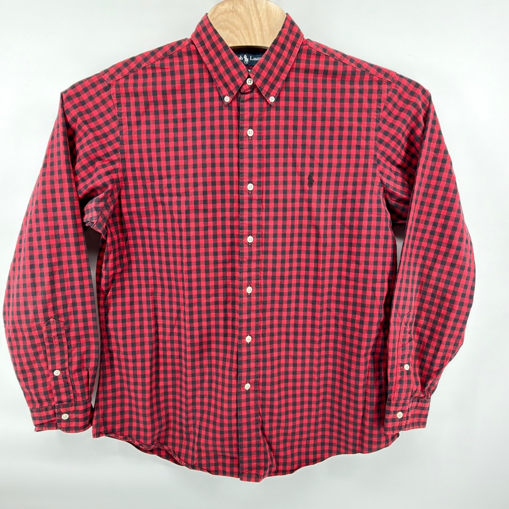 Ralph Lauren Button Front Shirt Mens L Red Black Gingham Custom Fit Long Sleeve